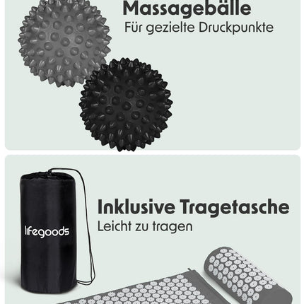 LifeGoods Akupressurmatte Mit Kissen - Akkupressmatte - Akkupressurmatte+ - Akupressur Matte - Akupunktur Matte - Massagematte - Rücken - Stachelmatte - Fakirmatte - Nagelmatte - Acupressure Mat