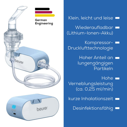 Beurer IH 60 inhalators, kluss un pārnēsājams inhalators ar uzlādējamu akumulatoru, inhalācijas ierīce lietošanai saaukstēšanās, astmas un citu elpceļu slimību gadījumos, zils
