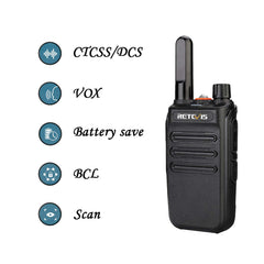 Retevis RB635 divvirzienu rācija ar lukturīti, PMR446 bezlicencēts radio, liela darbības rādiusa, mini divvirzienu rāciju komplekts ar USB kabeli, rācijas ar VOX ģimenes pastaigām, kempingam (melns, 2 iepakojumi)