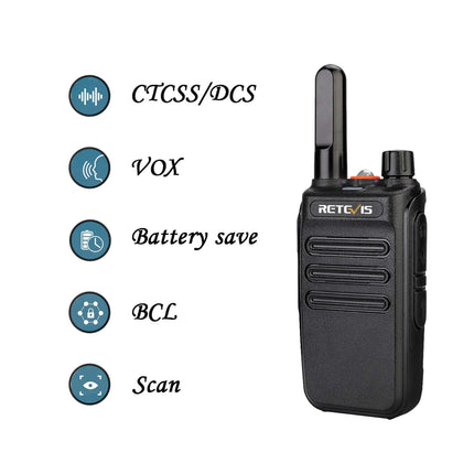 Retevis RB635 divvirzienu rācija ar lukturīti, PMR446 bezlicencēts radio, liela darbības rādiusa, mini divvirzienu rāciju komplekts ar USB kabeli, rācijas ar VOX ģimenes pastaigām, kempingam (melns, 2 iepakojumi)