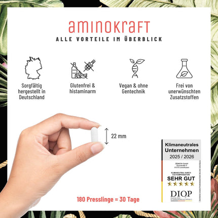 Augstas devas aminoskābju komplekss - 180 vegāniskas aminoskābju tabletes ar 1000 mg katrā dienā ar 12 dažādām aminoskābēm - EAA modeļa tabletes no NATURTREU