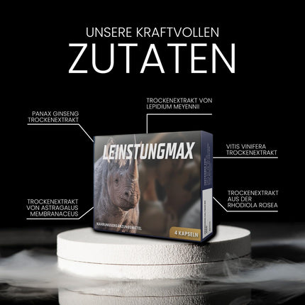LEINSTUNGMAX Īpaši spēcīgas stiprinoša kapsulas aktīviem vīriešiem. 4 kapsulas ar augstu tīra žeņšeņa ekstrakta devu vīrieša kaislīgo mirkļu tūlītējam atbalstam | 100% dabīgs