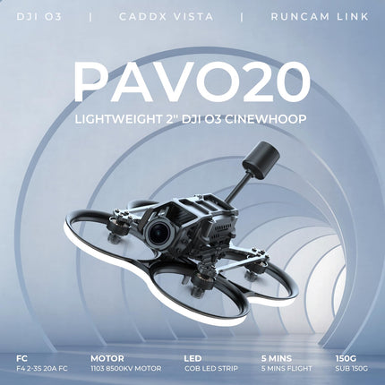 BETAFPV ELRS Pavo20 bezkontaktu Whoop kvadrokopters ar vieglu 3S Cinewhoop kameru un HD digitālo kronšteinu, F4 2-3S 20A FC, 1103 8500KV motoru, COB LED lenti, HD digitālajam VTX, piemēram, DJI, lidojumiem telpās un ārā.