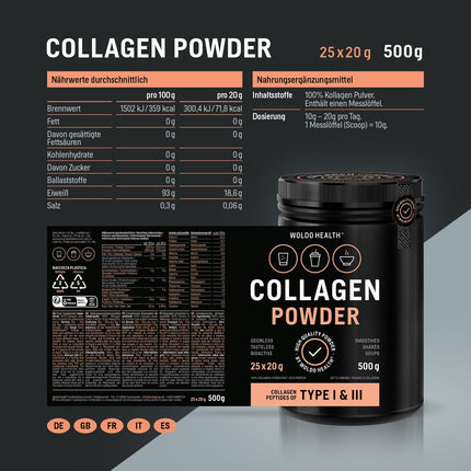 Kolagēna pulveris no ar zāli barotām govīm 1. un 3. tipa, bezgaršīgs - 500 g bioaktīvs kolagēns bez garšas