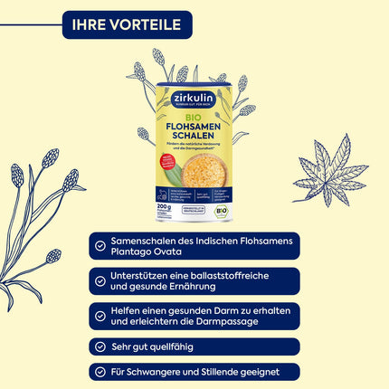Zirkulin organiskās psyllium sēnalas 200g kārbā - veicina gremošanu un zarnu veselību - bezgaršīgas - atbalsta šķiedrvielām bagātu un veselīgu uzturu - ļoti laba pietūkuma spēja
