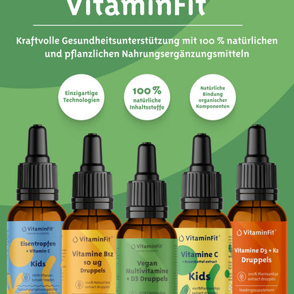 VitaminFit Kids Omega-3 pilieni uztura bagātinātājs bērniem - šķidrums - DHA - EPA - ALA - bez zivīm - 100% augu izcelsmes - vegāns - 50 ml