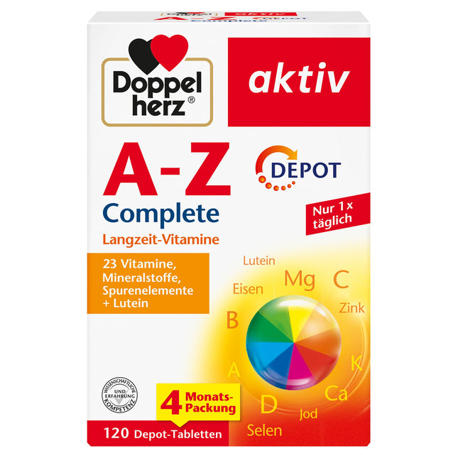 Doppelherz AZ Complete - Ilgtermiņa vitamīni - 23 vitamīni, minerālvielas un mikroelementi PLUS luteīns - 120 depo tabletes