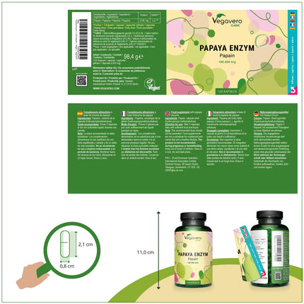 Papaijas enzīms Vegavero® | Augsta deva: 2100 mg tīra papaīna dienā | Augsta enzīmu aktivitāte: 100 000 vienības/g | Dabiski no augļiem| 120 kapsulas | Vegāns un bez piedevām