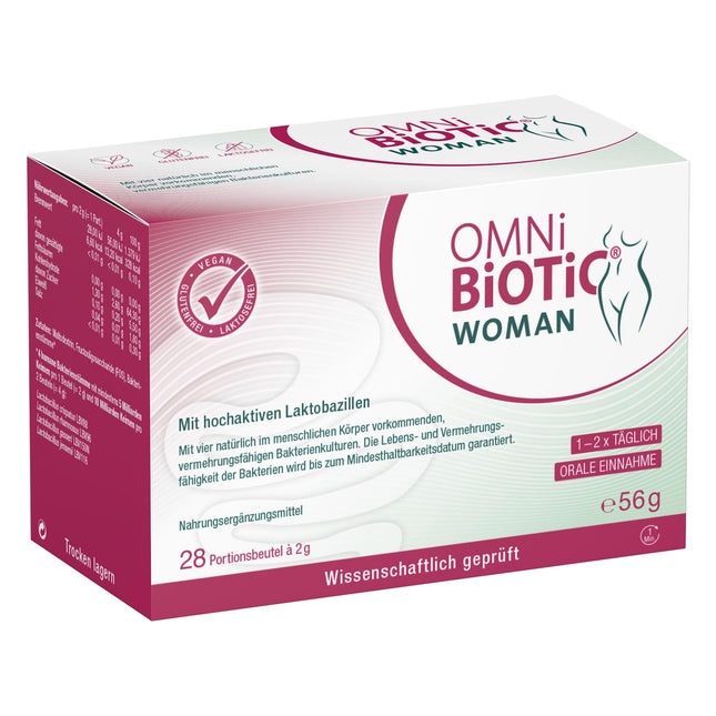 OMNi BiOTiC WOMAN, 28 porcijas, 4 baktēriju celmi, 10 miljardi baktēriju vienā dienas devā, pulveris, vegāns, bez glutēna, bez laktozes, ikdienas lietošanai, vienkārši dzerams