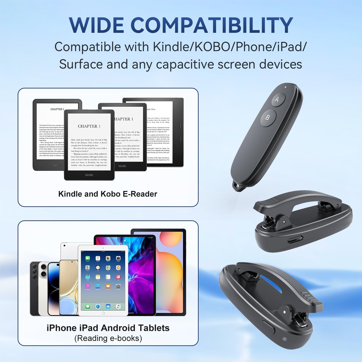 [2 klipi] UBUYUONE RF tālvadības pults lappušu pāršķiršanai lasīšanai Kindle, Paperwhite un Kobo e-lasītājos — bezvadu Kindle lappušu pāršķiršana romānu lasīšanai un tālvadības kameras slēdzis