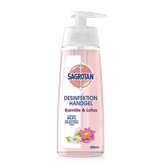 Sagrotan roku dezinfekcijas gels ar kumelītēm un lotosu – dezinfekcijas līdzeklis rokām dozatorā – 1 x 200 ml gela