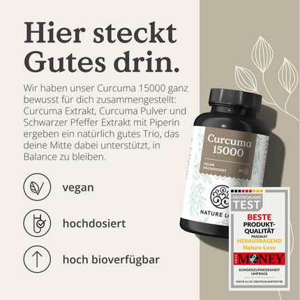 NATURE LOVE® Curcuma 15000mg - kurkumas kapsulas - 9 mēnešu krājumi - augsta kurkumīna deva 95% vienā kapsulā - ar melnajiem pipariem - vegāns, laboratorijā pārbaudīts un ražots Vācijā