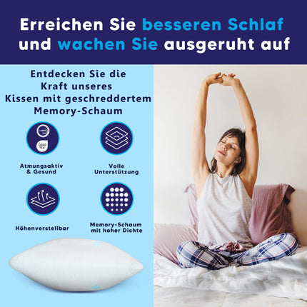 CloudÉtoile Memory Foam spilvens - augstumā regulējams ortopēdisks spilvens ar sasmalcinātām Memory Foam ergonomiskām kakla spilvena detaļām, spilvens gulēšanai uz sāniem 50x30cm