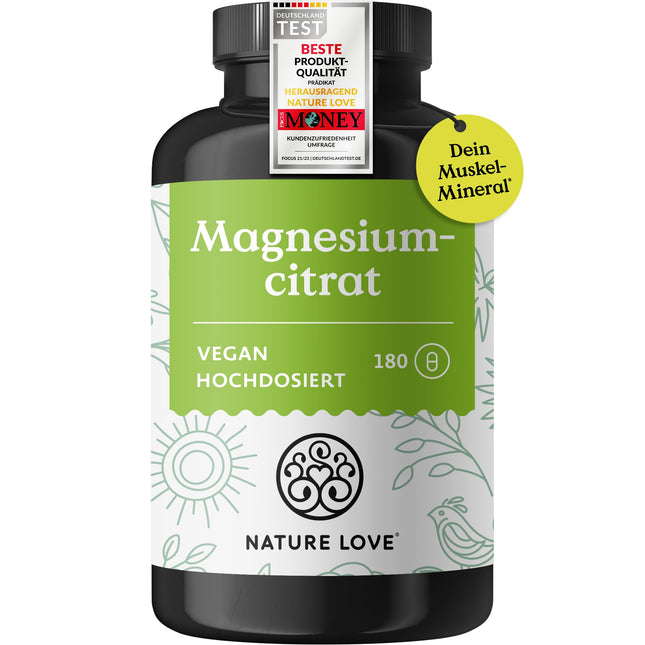 NATURE LOVE® Magnija citrāts – 2320 mg magnija citrāts (no kuriem 360 mg elementārā magnija) – 180 kapsulas – augsta deva, laboratoriski pārbaudīts, bez piedevām, vegāns un izstrādāts Vācijā