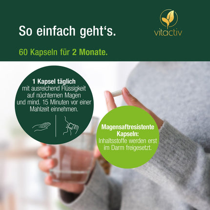 VITACTIV Intestinal Friends - probiotisko kultūru komplekss - 60 probiotiķu kapsulas - 30 baktēriju celmi, 100 miljardi CFU/g - laktobacilas un bifidobaktērijas, akācijas šķiedrvielas kā prebiotika, 8 B vitamīni