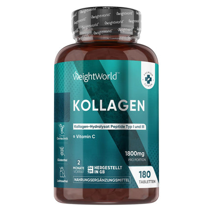 Kolagēna tabletes ar C vitamīnu - 1800 mg kolagēna hidrolizāta vienā porcijā - 1. un 3. tipa kolagēna peptīdi - 180 tabletes - 2 mēnešu krājumi - WeightWorld