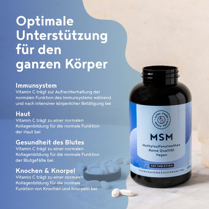 MSM 2000 mg ar C vitamīnu - 365 tabletes ar metilsulfonilmetānu - Kompaktāks MSM pulveris nekā kapsulās - Augstas devas un vegānisks - Alpha Foods
