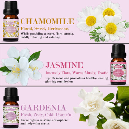 SALKING ēterisko eļļu komplekts, aromterapijas smaržeļļu dāvanu komplekts, 100% tīras smaržeļļas difuzoriem, smaržu lampām, mitrinātājiem, masāžai, 6 x 10 ml (lavanda, roze, ķiršu ziedi, jasmīns, gardēnija, kumelīte)