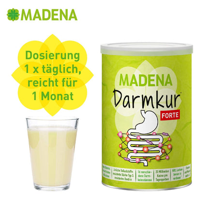 MADENA Darmkur Forte, 20 miljardi zarnu baktēriju vienā porcijā, šķiedrvielas, 3. tipa rezistenta ciete, kukurūzas dekstrīns, 16 baktēriju celmi, augsta deva, multivitamīni, vegāns