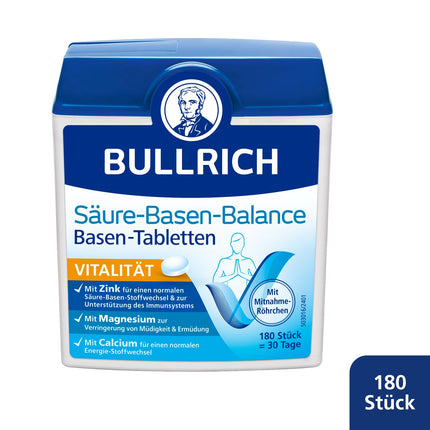 Bullrich skābju-bāzu līdzsvara bāzes tabletes | Ar cinku līdzsvarotam skābju-bāzes līdzsvaram | Vegāns | Ieskaitot līdzņemšanas caurule | 180 gabali (1 iepakojums)
