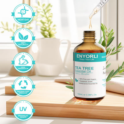 ENYORLI tējas koka eļļa 100 ml dabīga tējas koka eļļa 100% tīra un ēteriska aromterapijas eļļa vegāna tējas koka ēteriskā eļļa difuzoram, šampūnam, sejai, ādai, nagiem