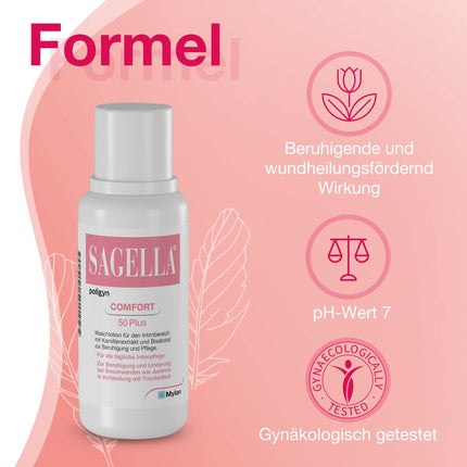 SAGELLA poligyn - Comfort 50 Plus: intīmās zonas mazgāšanas losjons ar kumelīšu ekstraktu un bisabololu, intīmai kopšanai no menopauzes, 500 ml