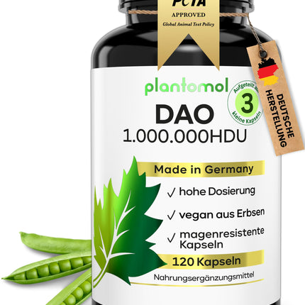 120 DAO kapsulas — 1 000 000 HDU dienā — ideāla deva ar 333 333 HDU/kapsulā (1 līdz 3 kapsulas dienā) — vegāns DAO — DAO enzīms no zirņiem