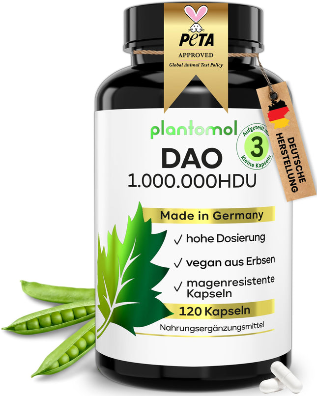 120 DAO kapsulas — 1 000 000 HDU dienā — ideāla deva ar 333 333 HDU/kapsulā (1 līdz 3 kapsulas dienā) — vegāns DAO — DAO enzīms no zirņiem