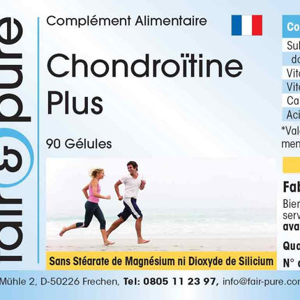 Fair &amp; Pure® - Chondroitin Plus - 90 kapsulas - ar hialuronskābi - kalciju - D un E vitamīniem - bez magnija stearāta