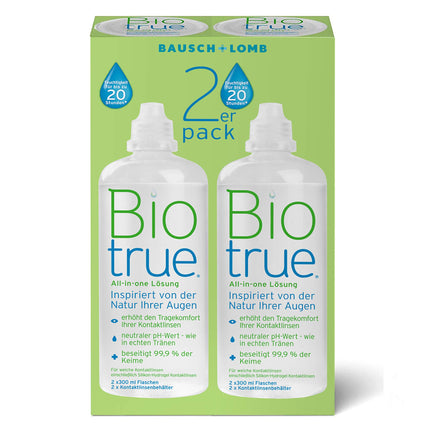 Bausch + Lomb Biotrue universālais šķīdums - kontaktlēcu tīrīšanas un uzglabāšanas šķīdums mīkstajām kontaktlēcām, 2 iepakojumā, 2 x 300 ml