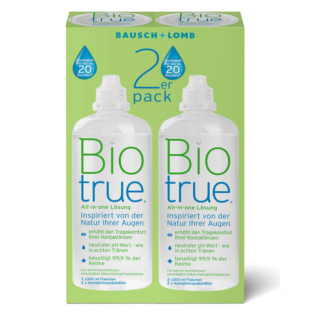 Bausch + Lomb Biotrue universālais šķīdums - kontaktlēcu tīrīšanas un uzglabāšanas šķīdums mīkstajām kontaktlēcām, 2 iepakojumā, 2 x 300 ml