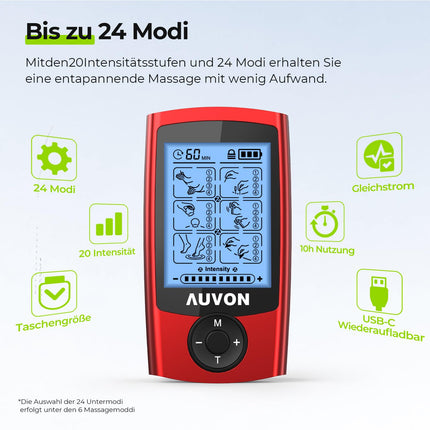 AUVON TENS ierīce ar EVA pārnēsāšanas maciņu, uzlādējama elektriskās stimulācijas ierīce sāpēm ar 24 treniņu programmām, 2 kanālu sarkana TENS ierīce sāpju terapijai, 12 augstākās kvalitātes elektrodi ar patentētu dizainu