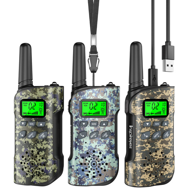 Inspireyes Walkie Talkie Kids uzlādējama rācija, 48 stundu darba laiks, 8 kanālu divvirzienu radio, dāvanas zēniem un meitenēm, pārgājieni un kempings brīvā dabā, 3–12 gadus veca rotaļlieta