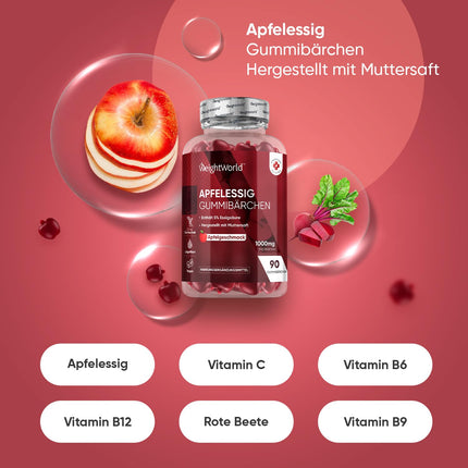 Ābolu sidra etiķa želejkonfektes 1000 mg - C vitamīns, B12, B6, B9 (folijskābe) un bietes - 90 vegānas želejkonfektes ar ābolu garšu - WeightWorld ābolu sidra etiķis