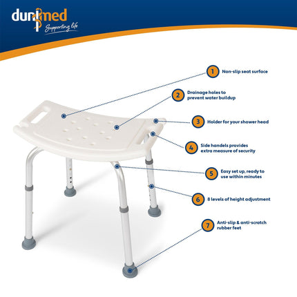 Dunimed dušas krēsls - regulējams augstums 39-52 cm - neslīdošs dušas sēdeklis - dušas palīglīdzeklis - vannas sēdeklis (bez atzveltnes)