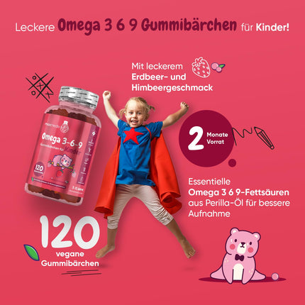 Omega 3 6 9 želejkonfektes bērniem - 400 mg perillas eļļas nodrošina Omega 3, Omega 6 un Omega 9 vienā porcijā - 120 vegānas želejkonfektes - 2 mēnešu krājumi - taukskābes ar zemeņu un aveņu garšu - maxmedix