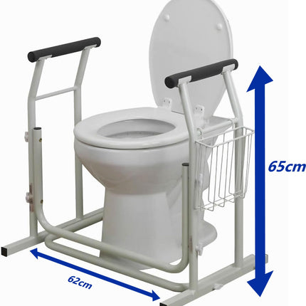 Ergonomisks tualetes poda paliktnis ar regulējamu augstumu, neslīdošiem roku balstiem un praktisku grozu – ideāli piemērots senioriem un cilvēkiem ar ierobežotām pārvietošanās spējām