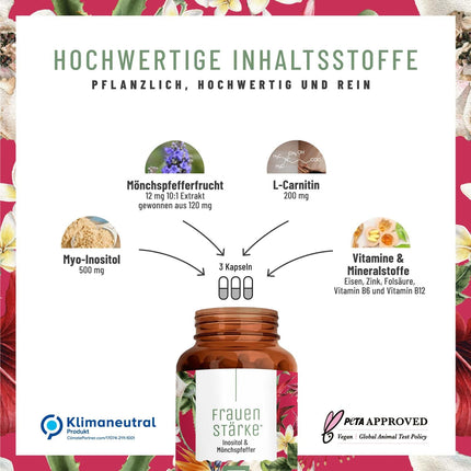NATURTREU® Women's Strength Mio Inozitol &amp; Monk's Pepper High Dose - 90 sieviešu vitamīnu kapsulas ar L-karnitīnu, folskābi, B12 vitamīnu un dzelzi - Vitex Agnus Castus