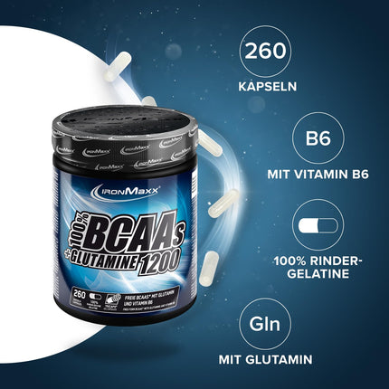 IronMaxx BCAA + Glutamīns - 1200 (260 trikapsulas) | BCAA kapsulas, bez cukura un konservantiem | Augstas devas aminoskābju kapsulas, ieskaitot visas sazarotās ķēdes aminoskābes (BCAA) un L-glutamīnu