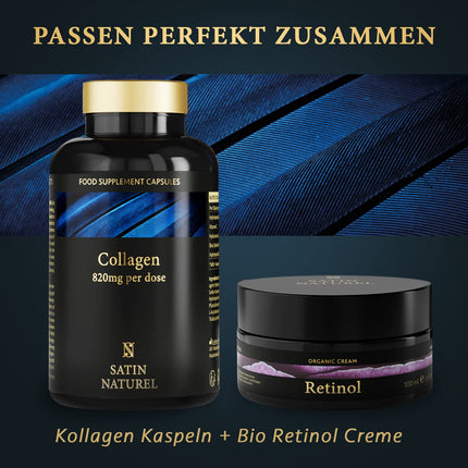 Satin Naturel kolagēna komplekss ar hialuronskābi - 180 kapsulas - augstas devas hialuronskābes kolagēna kapsulas - bagātināts ar C vitamīnu, elastīnu un spirulīnu - bez piedevām - ražots Vācijā