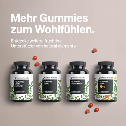 Gummies multivitamīni – 120 augļu gumijas konfektes – dabīga garša – ar 12 vitamīniem un minerālvielām (C vitamīns, D3 vitamīns, biotīns, folskābe, cinks un citi) – ražotas Vācijā un laboratorijā pārbaudītas