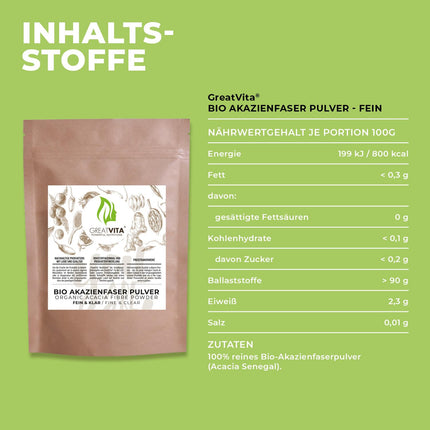 Organisks akācijas šķiedras pulveris 400 g – E414 gumiarābiks, tips 4918 | 90% šķiedrvielu, šķīstošās un bezgaršīgās | vegāns, bez glutēna, bez ĢMO | Ražots Vācijā - DE-ÖKO-037 | GreatVita