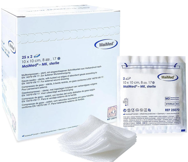 Sterilas kompreses 10x10cm 50 gab. Brūču kompreses STERILAS 8 slāņi Brūču pārsējs Pārsēja materiāls Marles kompreses Brūču marle Komprese brūču aprūpei Asins uzsūkšanās + E-grāmata (par veselību)