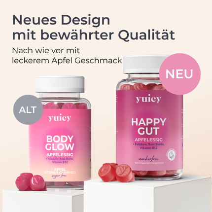 YUICY® ābolu sidra etiķa želejkonfektes - ar B12 vitamīnu un folskābi enerģijai, gremošanai un vielmaiņai - vegānas un bez cukura - garda ābolu garša - ābolu sidra etiķa želejkonfektes - 60 gab. - LAIMĪGA ZARNA