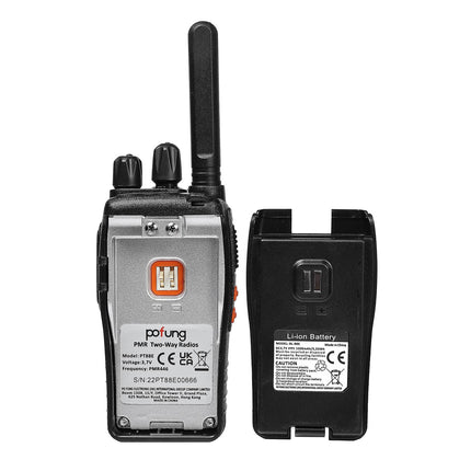 Rācija PMR446 bezlicencīga divvirzienu rācija, pofung PT88E 16 kanāli Profesionāla uzlādējama ar liela darbības rādiusa USB uzlādes staciju un austiņām Melna 4 gab.
