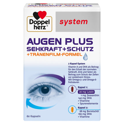 Doppelherz sistēma ACIS PLUS VĪZIJA + AIZSARDZĪBA – Ar A vitamīnu un omega-3 taukskābi DHA, kas veicina normālas redzes uzturēšanu – 60 kapsulas