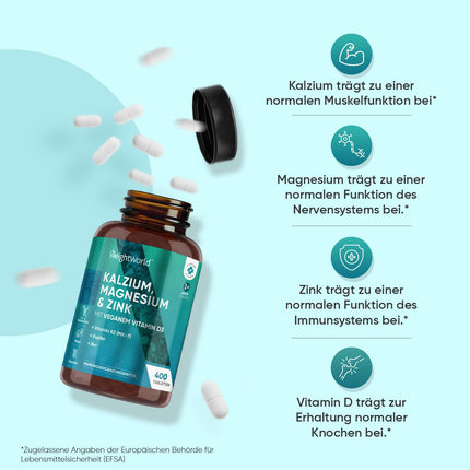 Kalcijs, magnijs, cinks - 400 tabletes 1+ gads - magnijs, D3 vitamīns, K2, bors, selēns, varš - 500 mg kalcija - vegāns - 1 tablete dienā - bez glutēna - alternatīva kapsulām - WeightWorld
