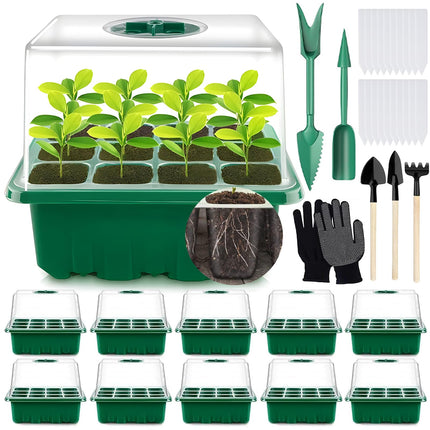 MOYKSRR iekštelpu siltumnīcas pavairotājs, 10 gabali 120 šūnu mini siltumnīcas pavairošanas komplekts ar 2 dārza instrumentiem, 3 lāpstas, 20 etiķetēm, siltumnīcas pavairošanas paplāte ar augstāku vāku stādiem