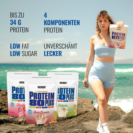 Weider - Protein 80 Plus - 4 komponentu proteīna pulveris - Augsts proteīna saturs ar 80% proteīna - Krēmīgi kokteiļi ar kalciju un B6 vitamīnu - 500g - Vaniļa