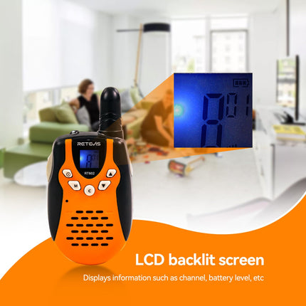 Retevis RT602 Walkie Talkie Kids 8 kanāli PMR446 bērnu divvirzienu radio ar uzlādējamām baterijām Lukturītis VOX LCD displejs Rotaļlietu spiegu aprīkojums Dāvanas bērniem (1 pāris, oranžs)